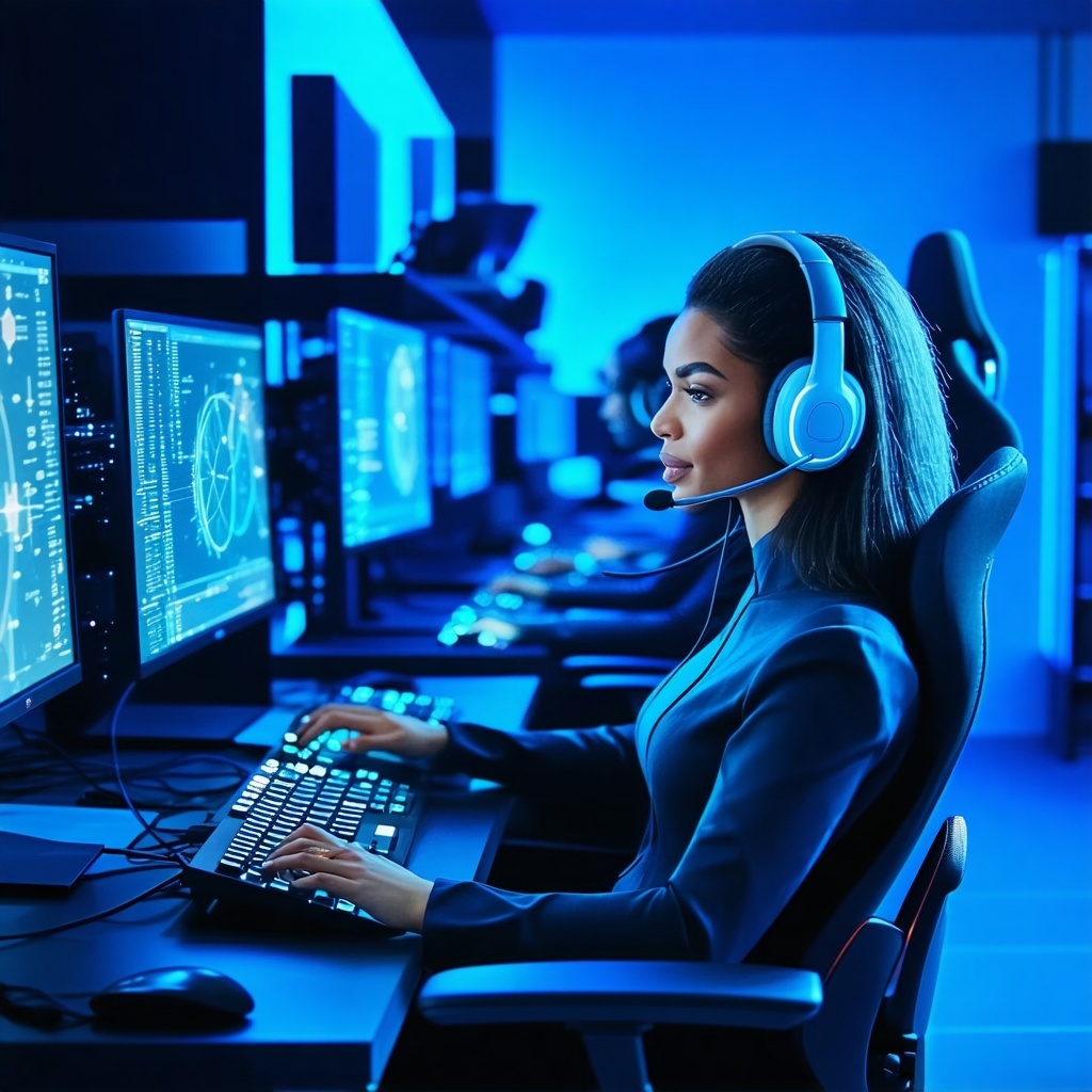 blue and black people working behind a computer wearing headsets-1